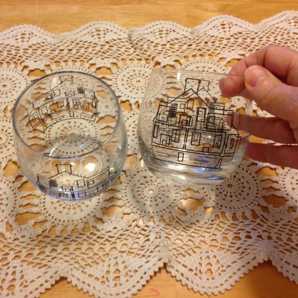 Stemless wine or cocktail glasses, weighted bottom, architectural theme